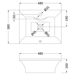 480x380mm Rectangular Counter Top Basin - Technical Drawing