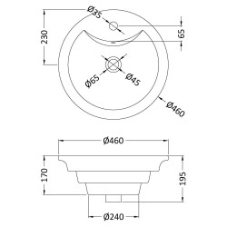 460mm Round Counter Top Basin With Overflow - Technical Drawing