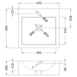 470x460mm Counter Top Basin - Technical Drawing