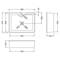480x370mm Square Ceramic Counter Top Basin - Technical Drawing