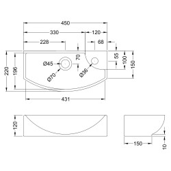 450mm x 220mm x 120mm Counter Top Basin with Left Hand Single Tap Hole - Technical Drawing