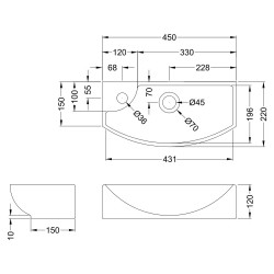 450mm x 220mm x 120mm Counter Top Basin with Right Hand Single Tap Hole - Technical Drawing