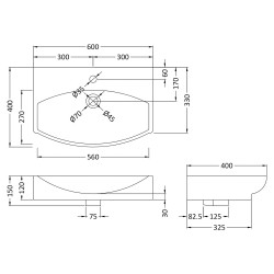 600mm x 400mm x 150mm Counter Top Basin with 1 Tap Hole - Technical Drawing