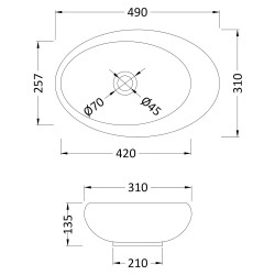 490mm x 320mm x 135mm Counter Top Basin - Technical Drawing