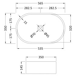Sit-On Countertop Basin 565mm Wide - Technical Drawing