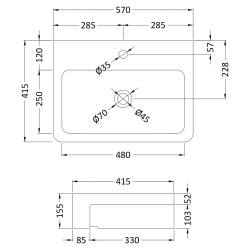 480mm Rectangular Counter Top Basin with 1 Tap Hole - Technical Drawing