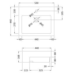 Semi Recessed Basin 530mm Wide - 1 Tap Hole - Technical Drawing
