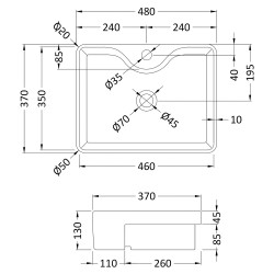 Semi Recessed Basin 480mm Wide - 1 Tap Hole - Technical Drawing