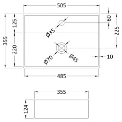 500mm x 350mm x 120mm Counter Top Basin with 1 Tap Hole - Technical Drawing