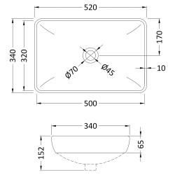 Countertop Basin 520mm Wide - Technical Drawing