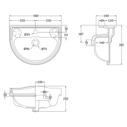Chancery 500mm Cloakroom Basin with 1 Tap Hole - Technical Drawing