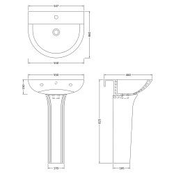 Freya 550mm Basin and Pedestal - Technical Drawing