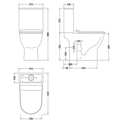 Freya Short Projection Toilet Pan with Cistern and Soft Close Toilet Seat - Technical Drawing