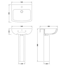 Ava 545mm Basin & Pedestal - Technical Drawing