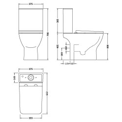 Ava Square Rimless Toilet Pan, Cistern and Soft Close Toilet Seat - Technical Drawing