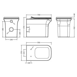 Ava Square Back To Wall Toilet Pan & Soft Close Seat - Technical Drawing
