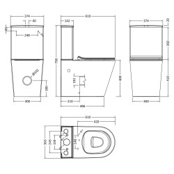 Freya Rimless Flush To Wall Toilet Pan, Cistern & Soft Close Seat - Technical Drawing