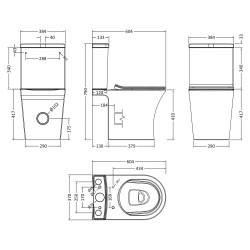 Freya Rimless Semi Flush To Wall Close Couple Toilet Pan, Cistern & Soft Close Seat - Technical Drawing