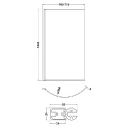 Curved P-Bath Screen 720mm x 1435mm - Technical Drawing