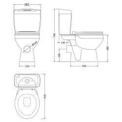 Melbourne Toilet Pan with Cistern and Toilet Seat - Technical Drawing