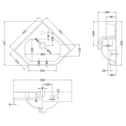 Richmond 600mm Corner Basin with 1 Tap Hole - Technical Drawing