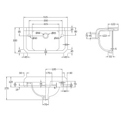 Richmond 515mm Cloakroom Basin with 2 Tap Holes - Technical Drawing