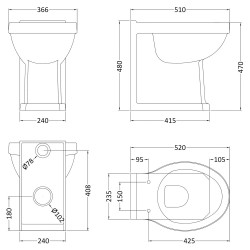 Richmond Comfort Height Back to Wall Toilet Pan - Technical Drawing