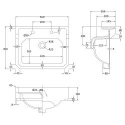 Richmond 560mm Basin - 2 Tap Holes - Technical Drawing