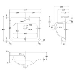 Richmond 560mm Basin - 1 Tap Hole - Technical Drawing