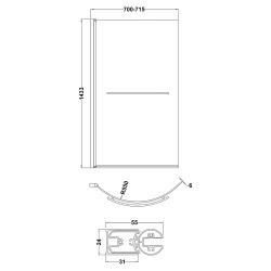 Curved P-Bath Bath Screen With Rail 720mm x 1435mm - Technical Drawing