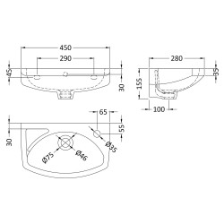 450mm Wall Hung Basin - Technical Drawing