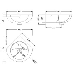Corner Wall Hung Basin - Technical Drawing