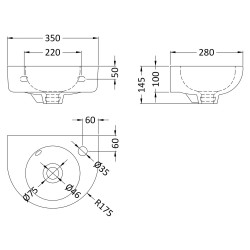 Round 350mm Wall Hung Basin - Technical Drawing