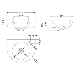 Round 430mm Wall Hung Basin - Technical Drawing