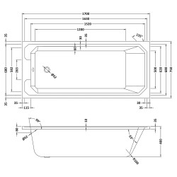 Ascott Art Deco Bath 1700mm x 750mm - Technical Drawing
