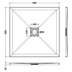 White Slate Slimline Square Shower Tray 900 x 900mm - Technical Drawing