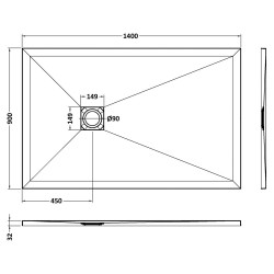White Slate Slimline Rectangular Shower Tray 1400 x 900mm - Technical Drawing