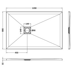 Grey Slate Slimline Rectangular Shower Tray 1200 x 800mm - Technical Drawing