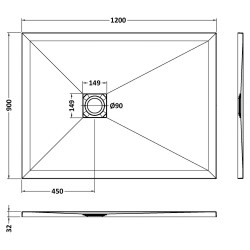 Grey Slate Slimline Rectangular Shower Tray 1200 x 900mm - Technical Drawing
