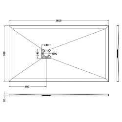 Grey Slate Slimline Rectangular Shower Tray 1600 x 900mm - Technical Drawing