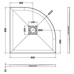 Grey Slate Slimline Quadrant Shower Tray 800 x 800mm - Technical Drawing