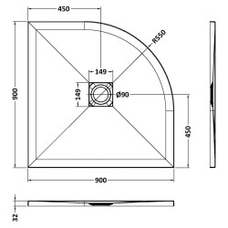 Black Slate Slimline Quadrant Shower Tray 900 x 900mm - Technical Drawing