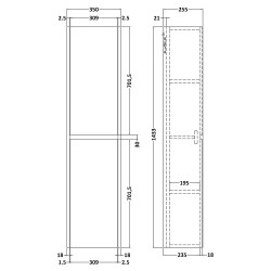 Havana 350mm Wall Hung 2 Door Tall Storage Unit - Gra[hite Grey - Technical Drawing