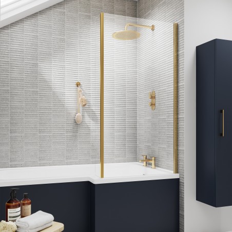 Pacific Brushed Brass Framed Square Bath Screen with Fixed Return Panel 1400mm H x 800mm W - 6mm Glass