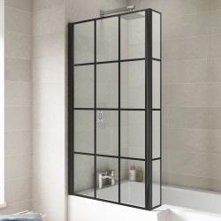 Matt Black Grid Framed Bath Screen with Fixed Return 808 x 1430mm - Insitu