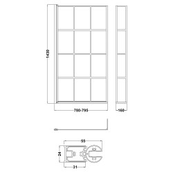Matt Black Grid Framed Bath Screen with Fixed Return 808 x 1430mm - Technical Drawing