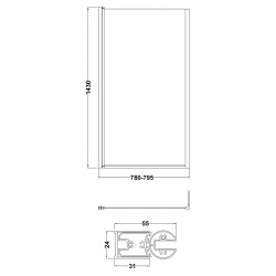 Matt Black Bath Screen with Fixed Return 808 x 1430mm - Technical Drawing