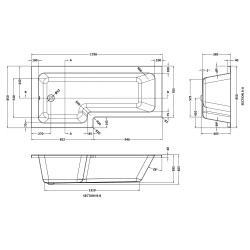 1800mm Left Hand Square Shower Bath - White - Technical Drawing