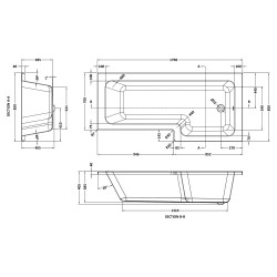 1800mm Right Hand Square Shower Bath - White - Technical Drawing
