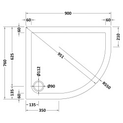 Slip Resistant Offset Quadrant Shower Tray RH 900 x 760mm - Technical Drawing